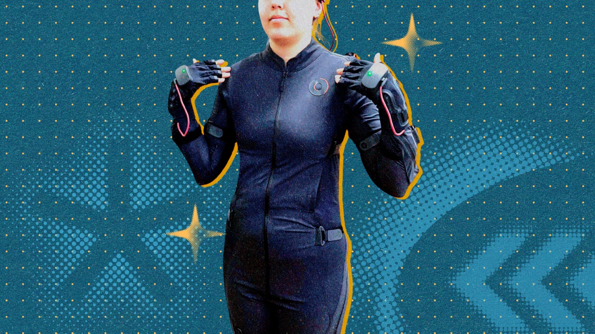 Девушка в костюме для сурдоперевода